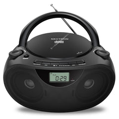 Nextron boombox frontal mostrando controles y diseño portátil, mejora la reproducción