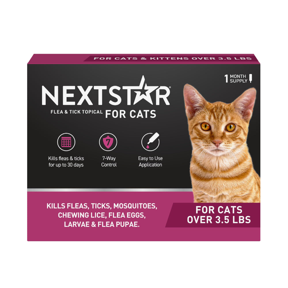 NEXTSTAR empaque frontal mostrando protección mensual y beneficio antipu­lgas