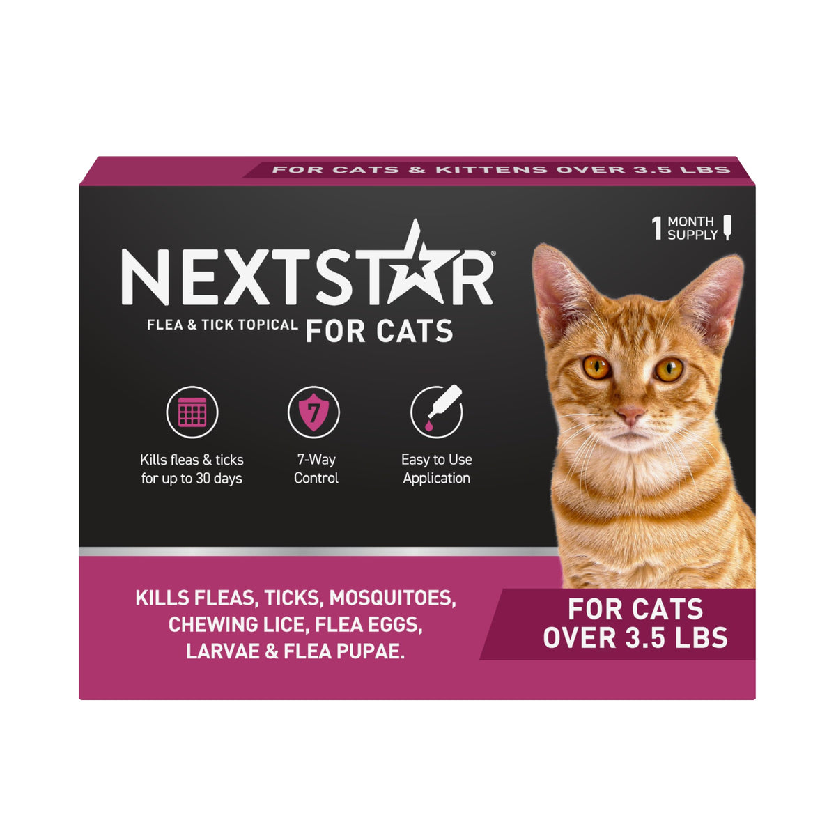 NEXTSTAR empaque frontal mostrando protección mensual y beneficio antipu­lgas