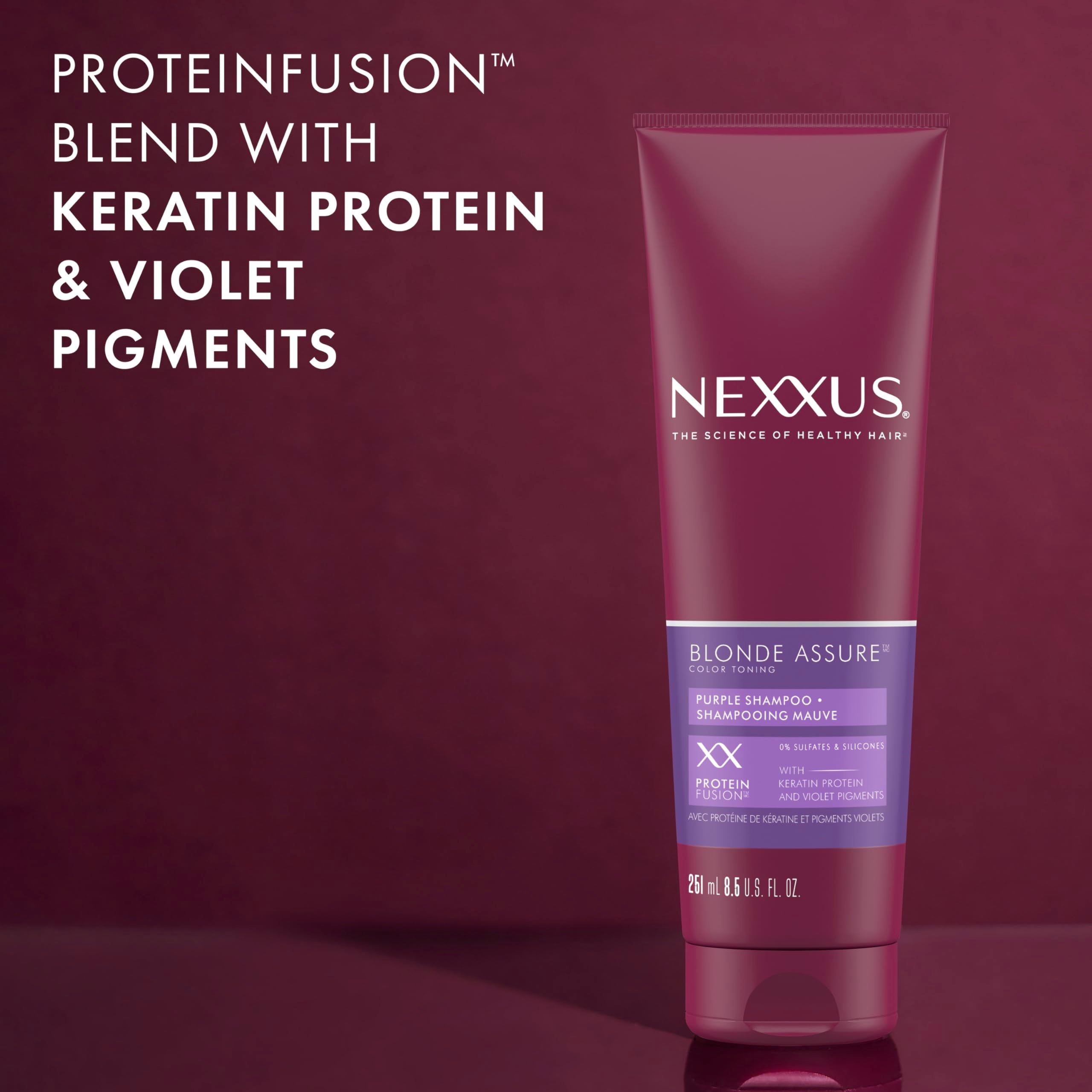 Nexxus etiqueta con PROTEINFUSION y beneficios de proteína visible