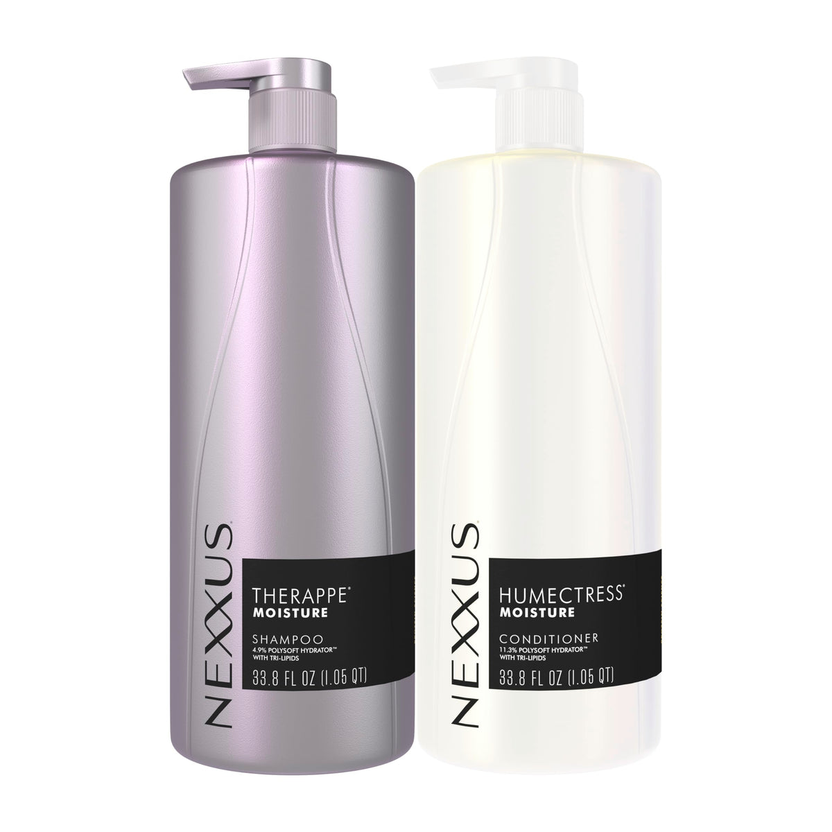 Nexxus frente del envase doble mostrando tamaño y relieve hidratante