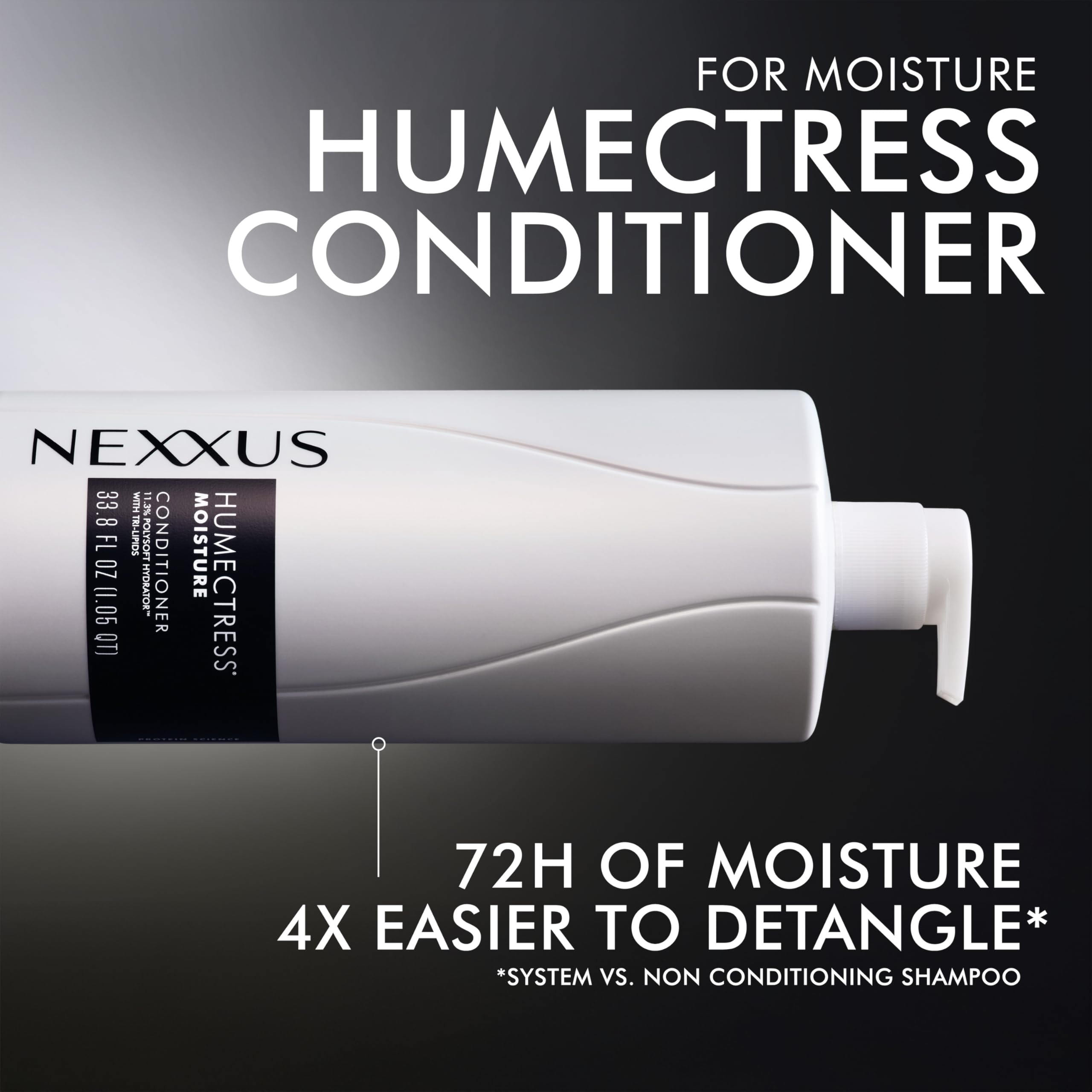 Nexxus Humectress junto a regla para mostrar escala y volumen 33.8 oz