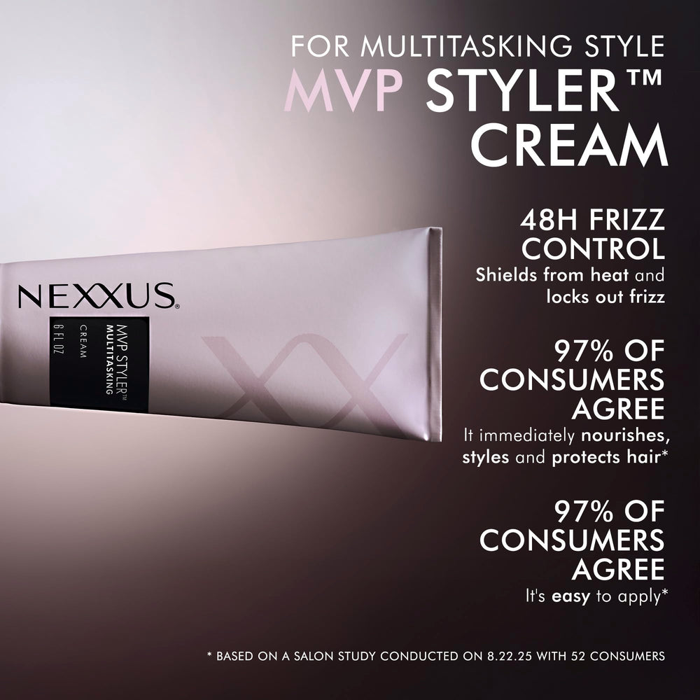 Nexxus crema aplicada en cabello húmedo y seco para protección y estilo