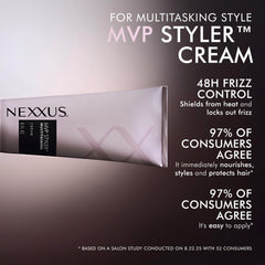 Nexxus crema aplicada en cabello húmedo y seco para protección y estilo