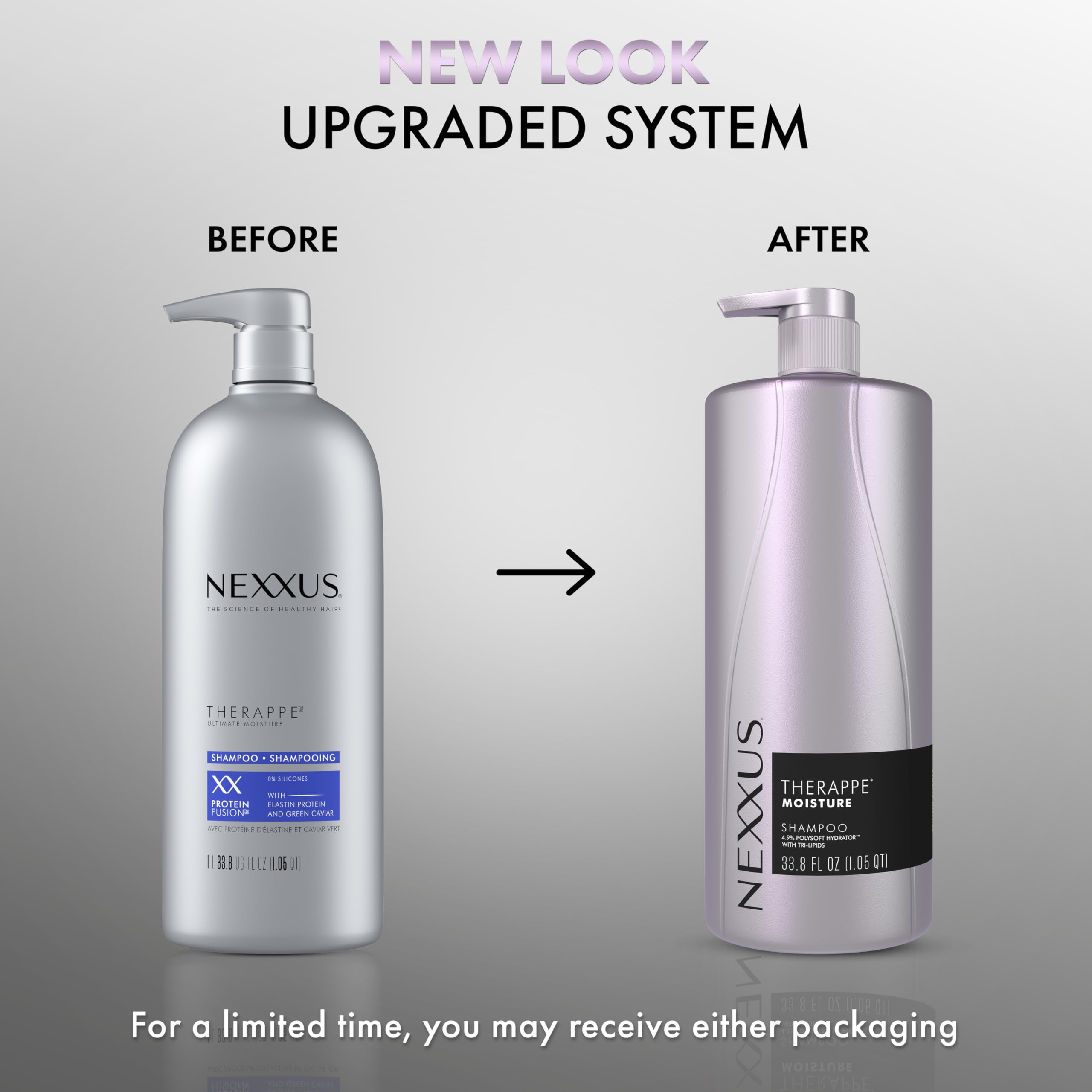 Nexxus etiqueta y lista de ingredientes resaltando tecnología POLYSOFT HYDRATOR