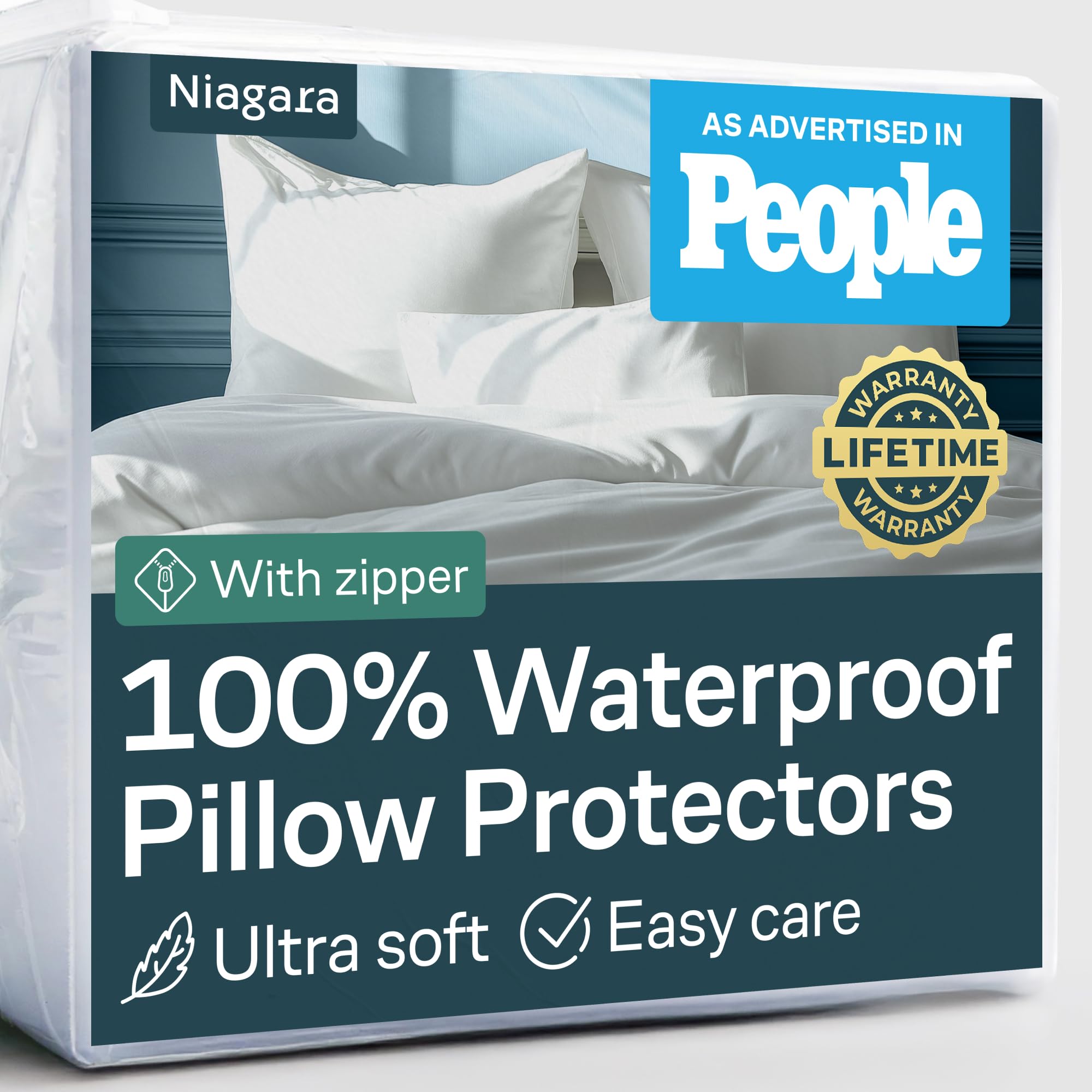 Niagara funda frontal Queen blanca mostrando ajuste y protección