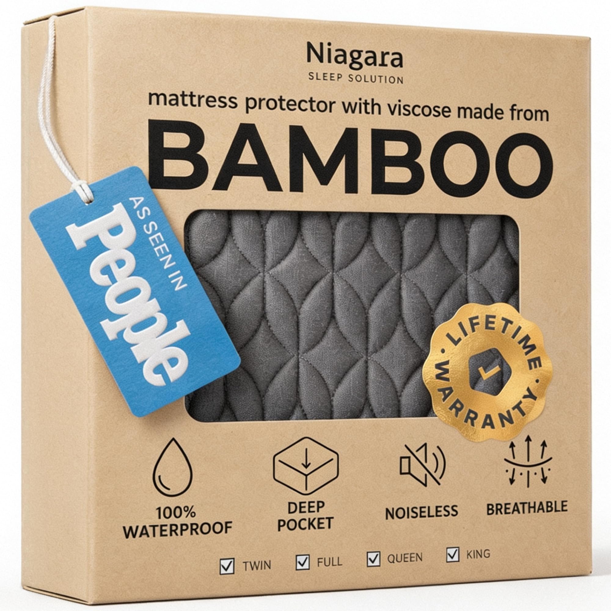Niagara Sleep Solution empaque frontal gris mostrando talla king y beneficio impermeable