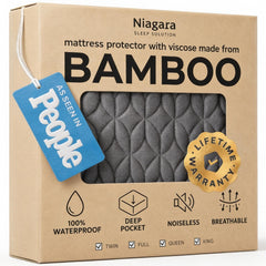 Niagara Sleep Solution empaque frontal gris mostrando talla king y beneficio impermeable