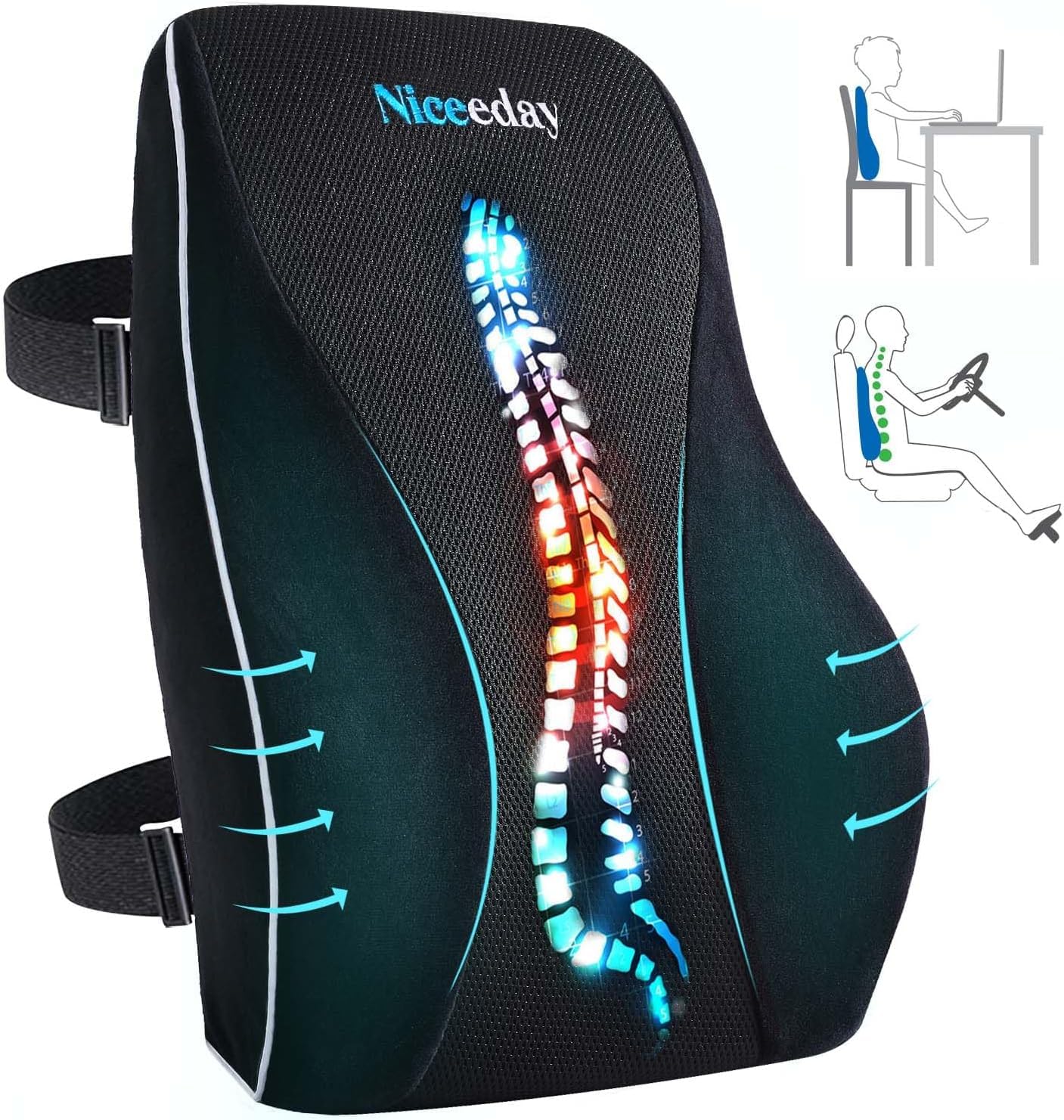Niceeday vista frontal del cojín lumbar con soporte ergonómico y mayor confort