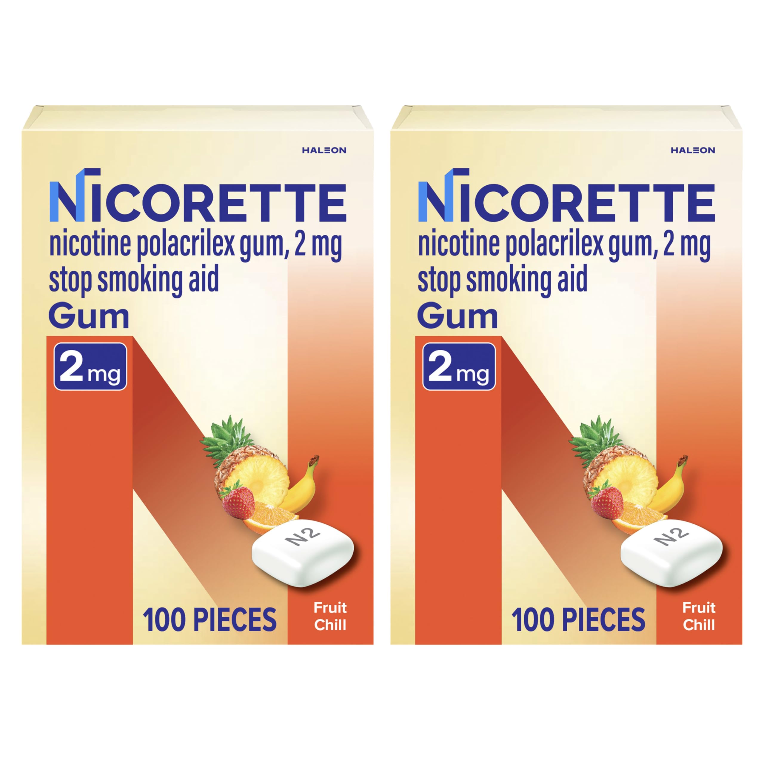 Nicorette chicle frente del envase mostrando cantidad y sabor Fruit Chill