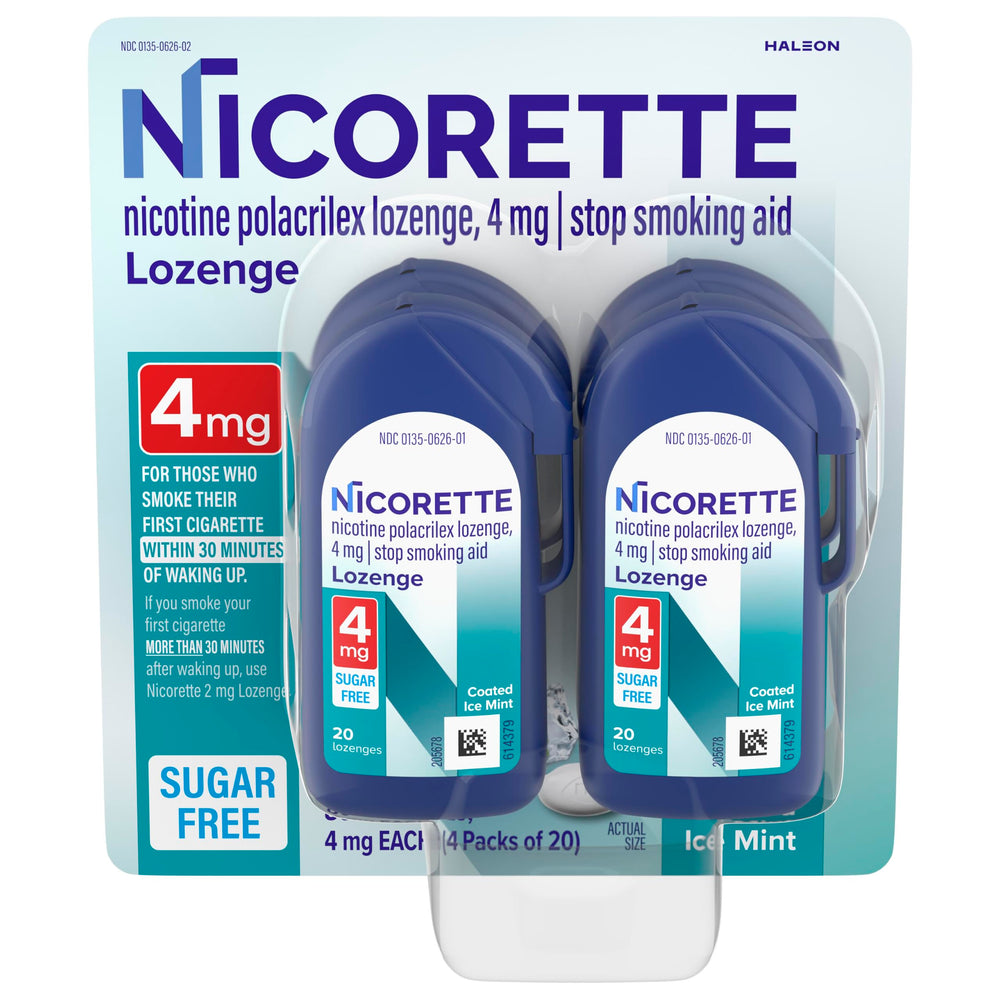 Nicorette frente del empaque mostrando 4 paquetes y beneficio portable