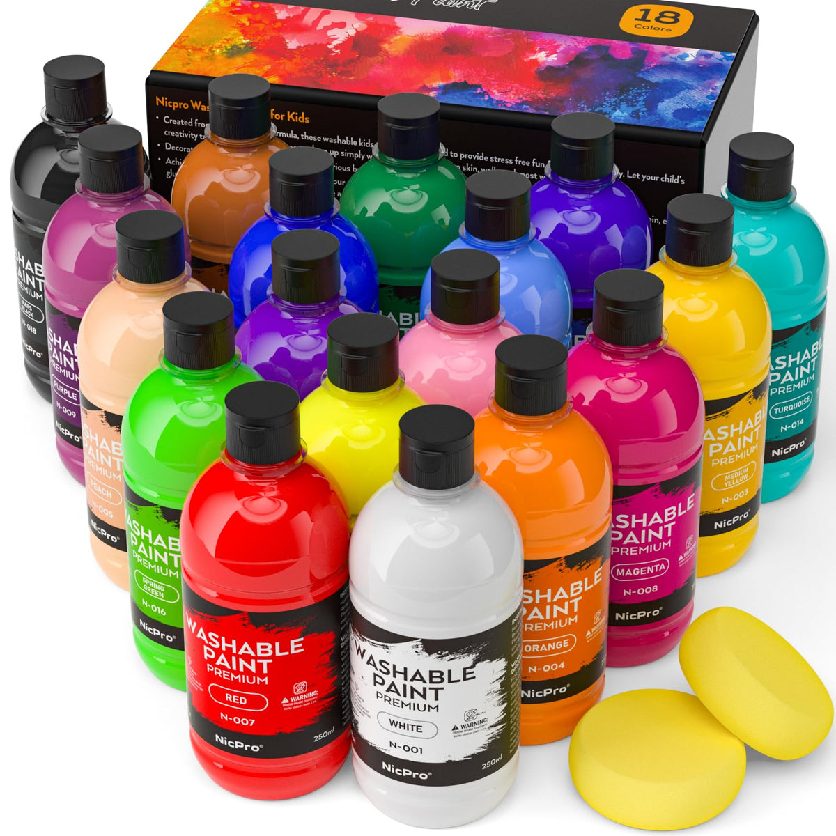 Nicpro vista frontal de 18 botellas grandes, colores brillantes y surtido