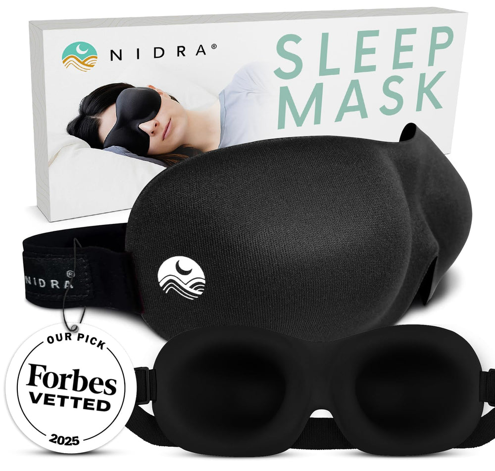 Nidra máscara frontal mostrando bloqueo total de luz y contorno cómodo