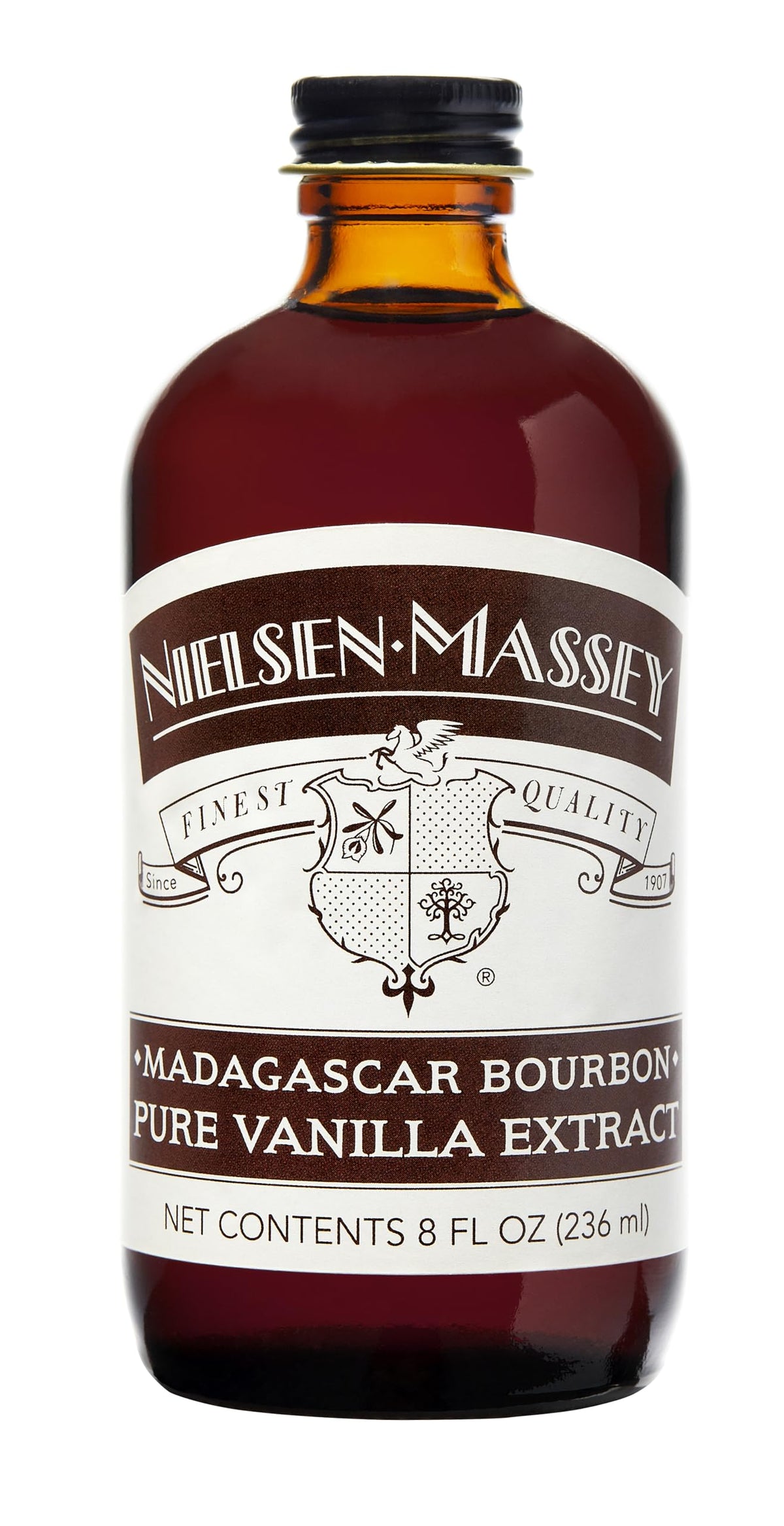 Nielsen-Massey botella frontal de 8 oz mostrando la etiqueta clara y elegante