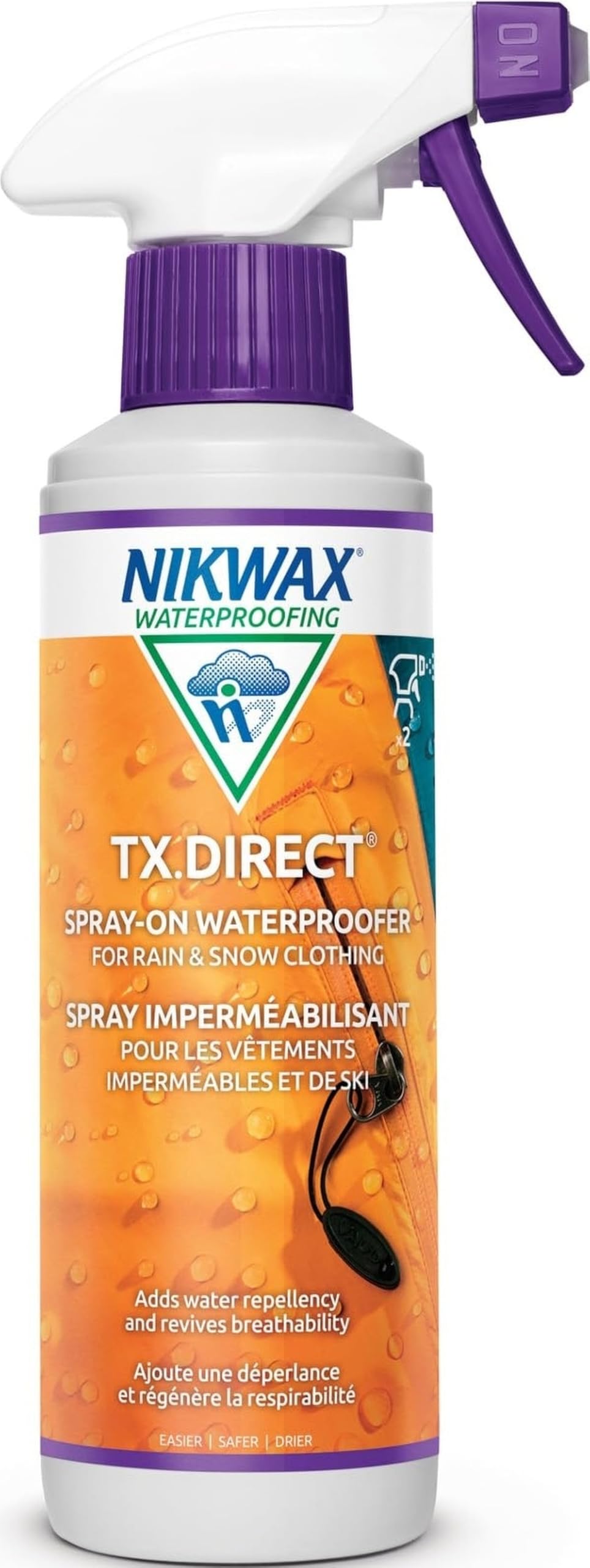 Nikwax TX.Direct frente del envase mostrando 300 ml y uso práctico