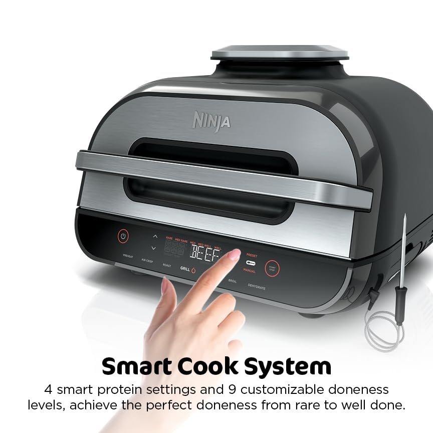 Ninja Foodi Smart XL cocinando pechugas y verduras, función air crisp visible