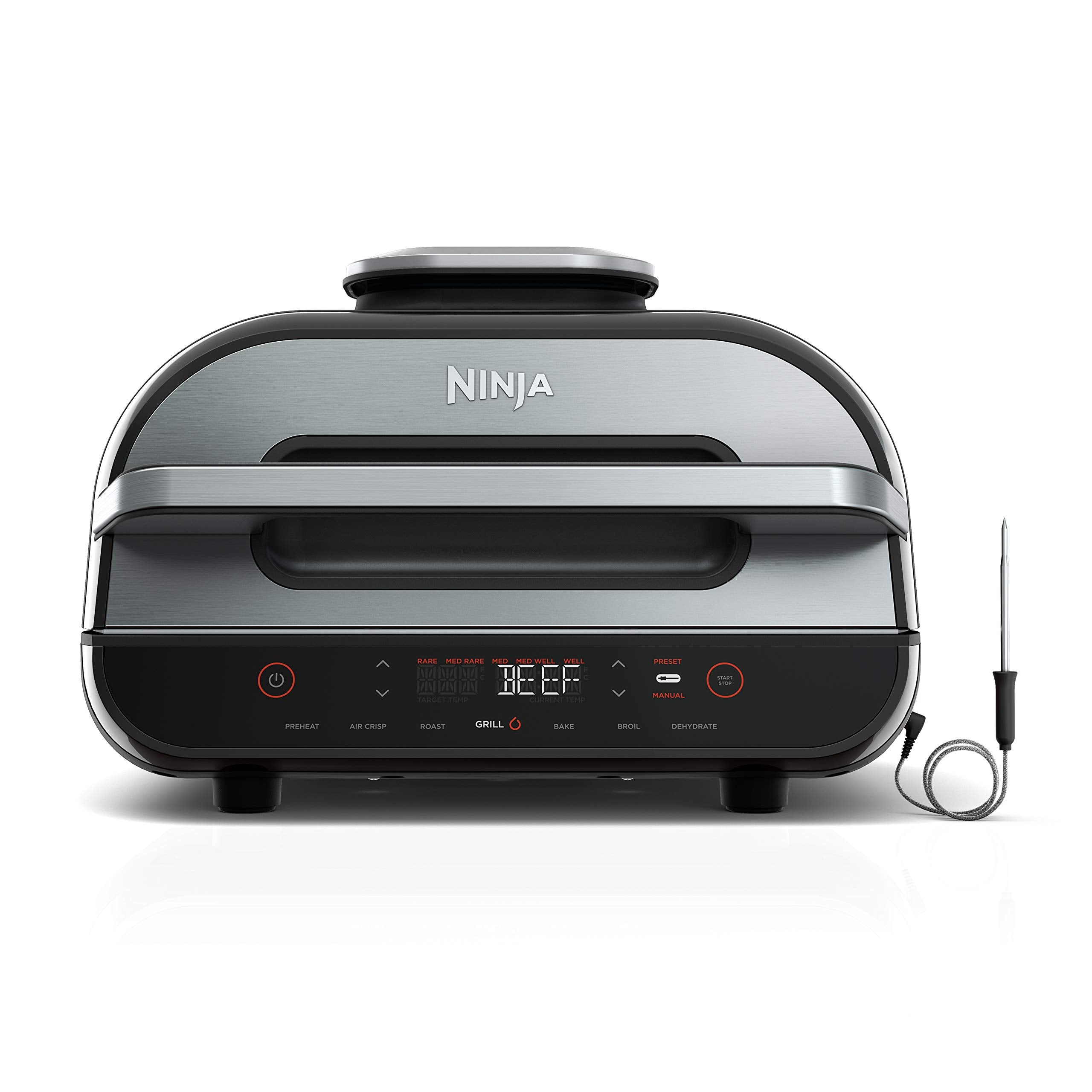 Ninja Foodi Smart XL vista frontal mostrando diseño negro y plateado, ahorro de espacio