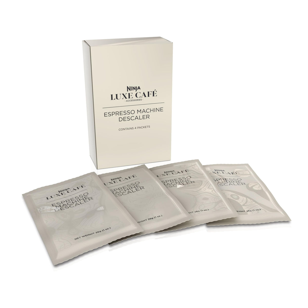 Ninja Luxe empaque frontal mostrando sobres para mantener flujo y extracción