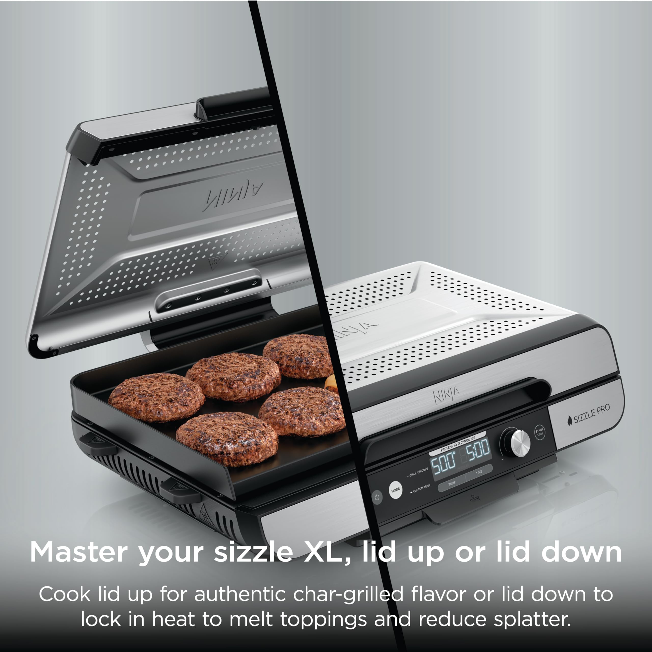 Ninja Sizzle Pro XL accesorios incluidos: placas, tapa y guía de recetas, listo para usar