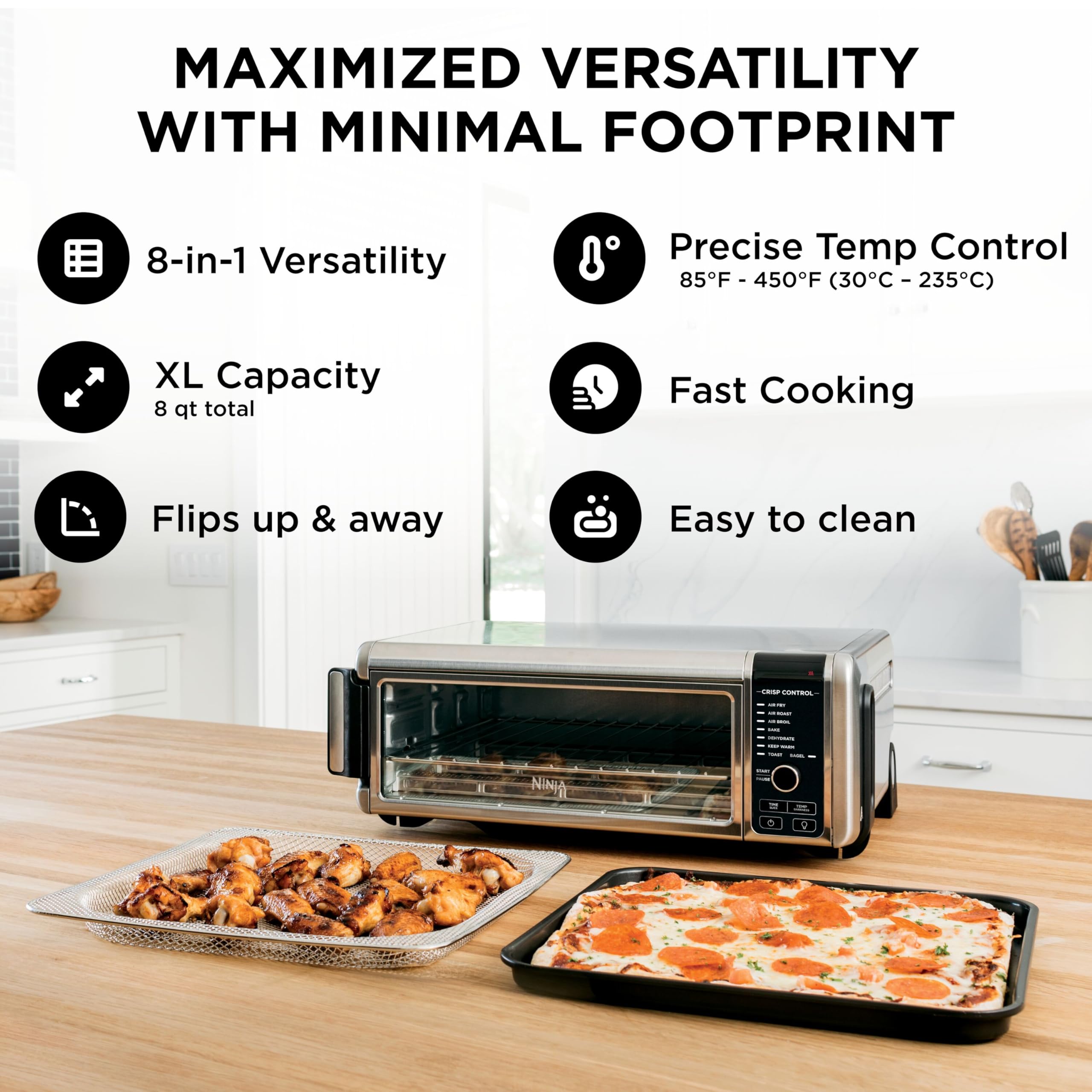 Ninja SP101 interior y accesorios incluidos para cocinar pizza, pollo y tostar fácilmente
