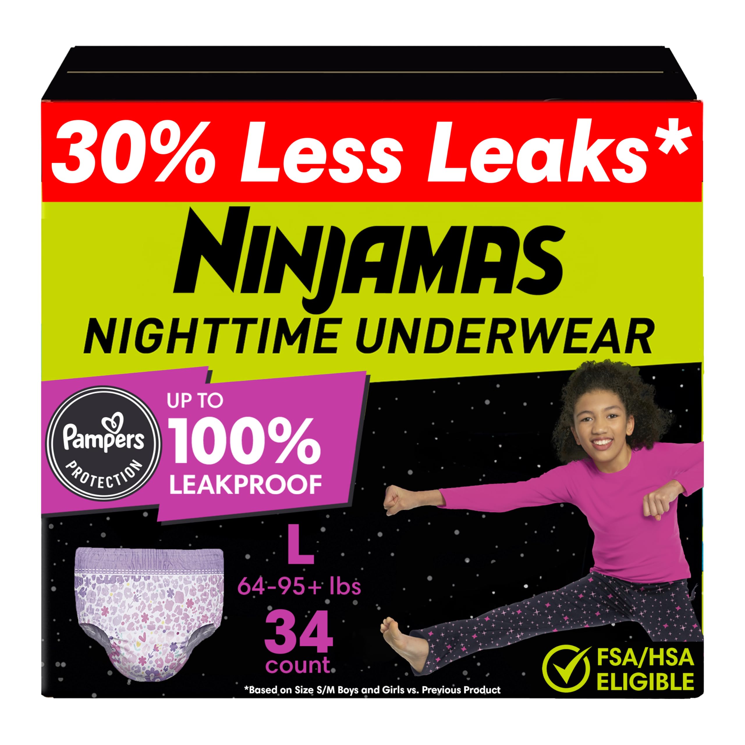 Ninjamas paquete frontal mostrando 34 unidades y protección nocturna