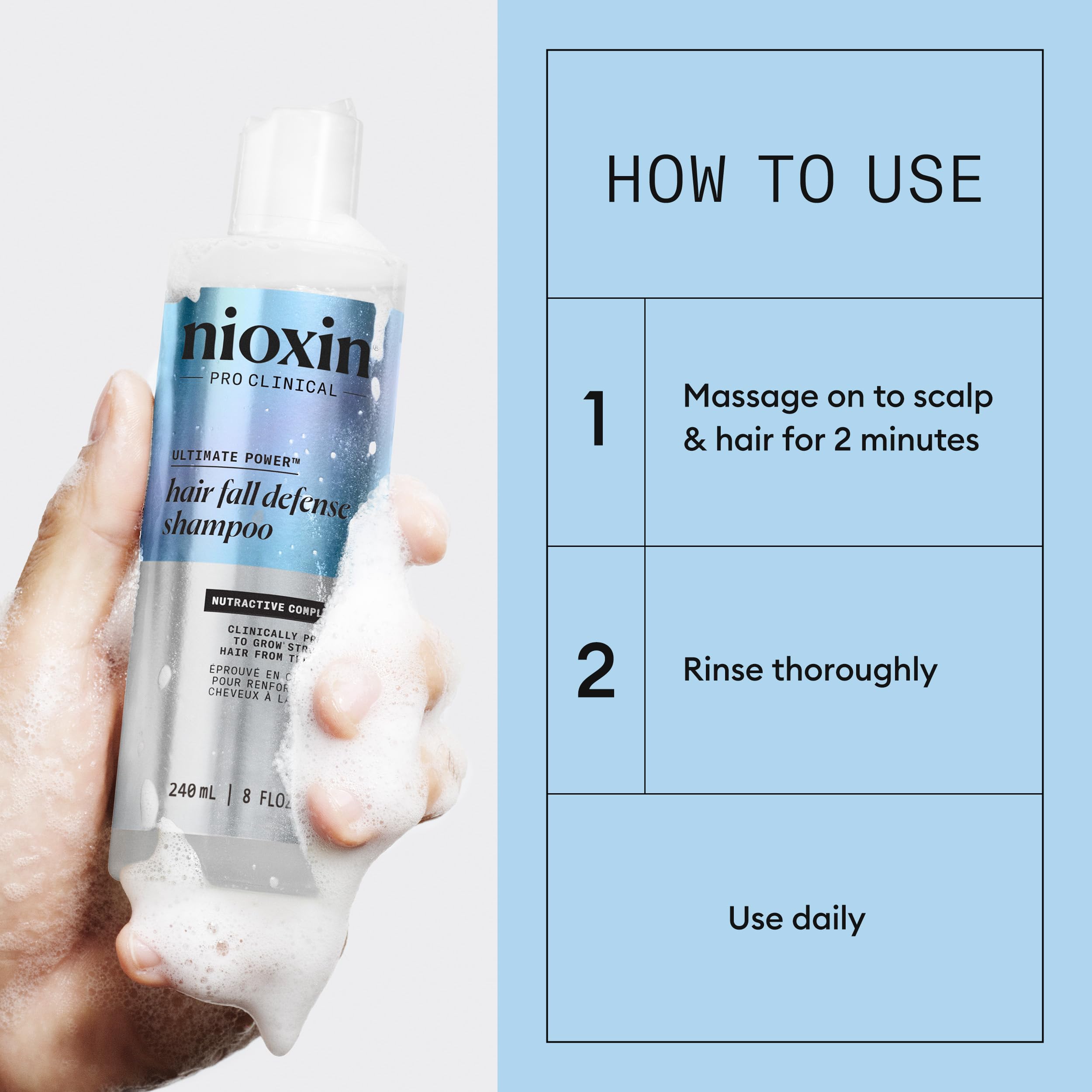 NIOXIN botella junto a mano para comparar tamaño y facilidad de uso