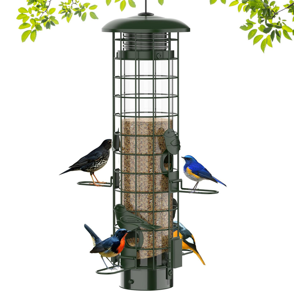 Niser front view hanging feeder showing bird access and squirrel protection
