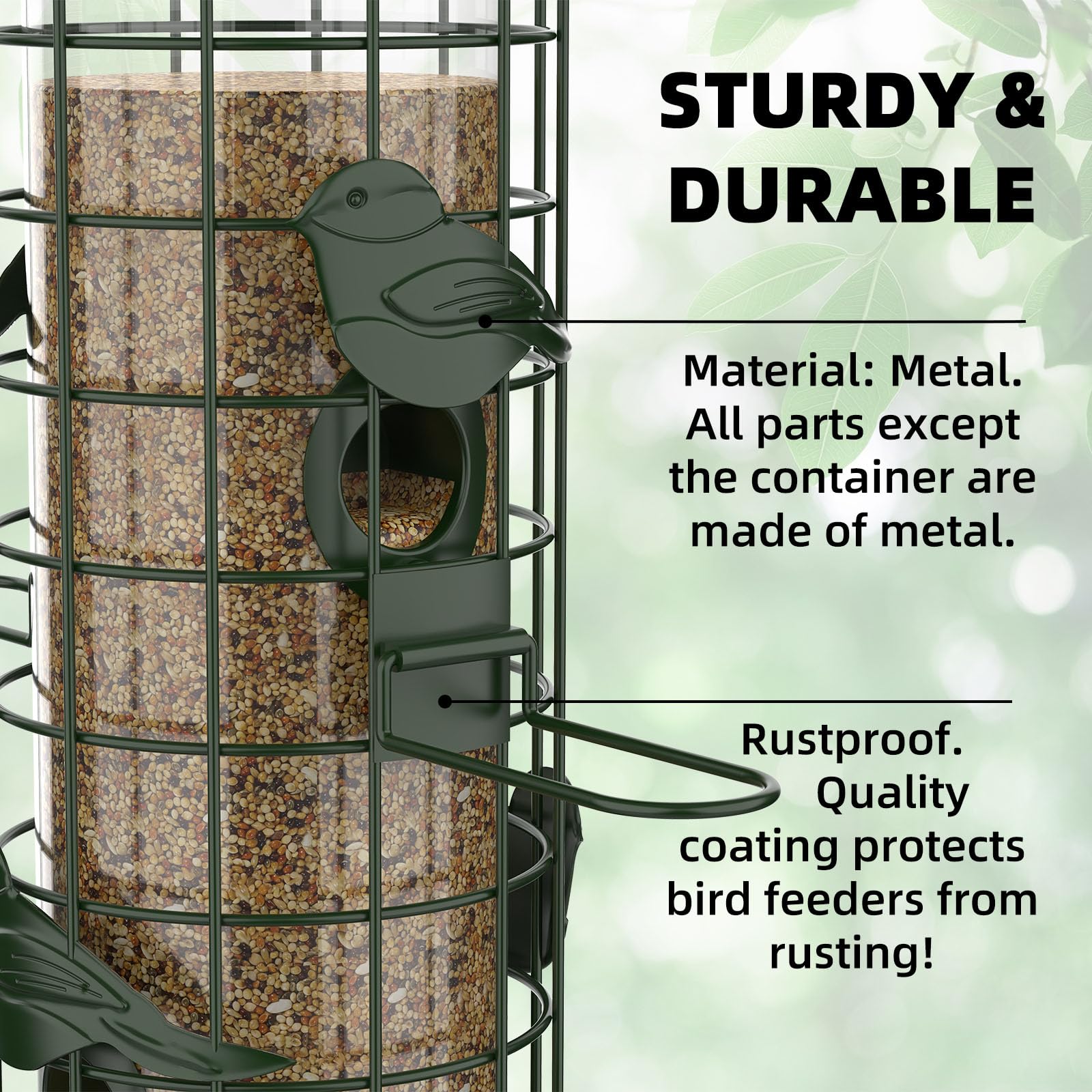 Niser side profile with finch perched demonstrating bird friendly access