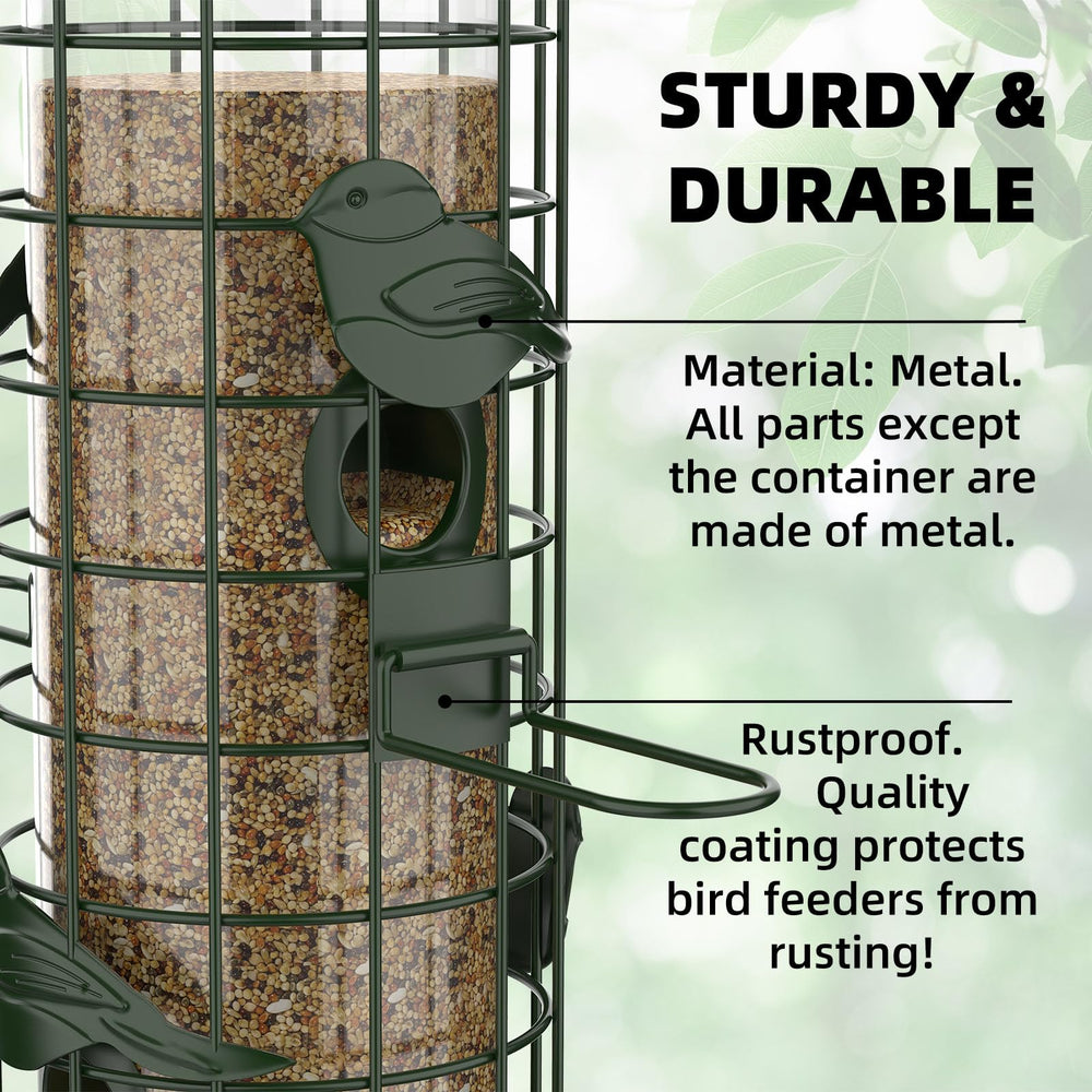 Niser side profile with finch perched demonstrating bird friendly access