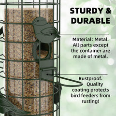 Niser side profile with finch perched demonstrating bird friendly access