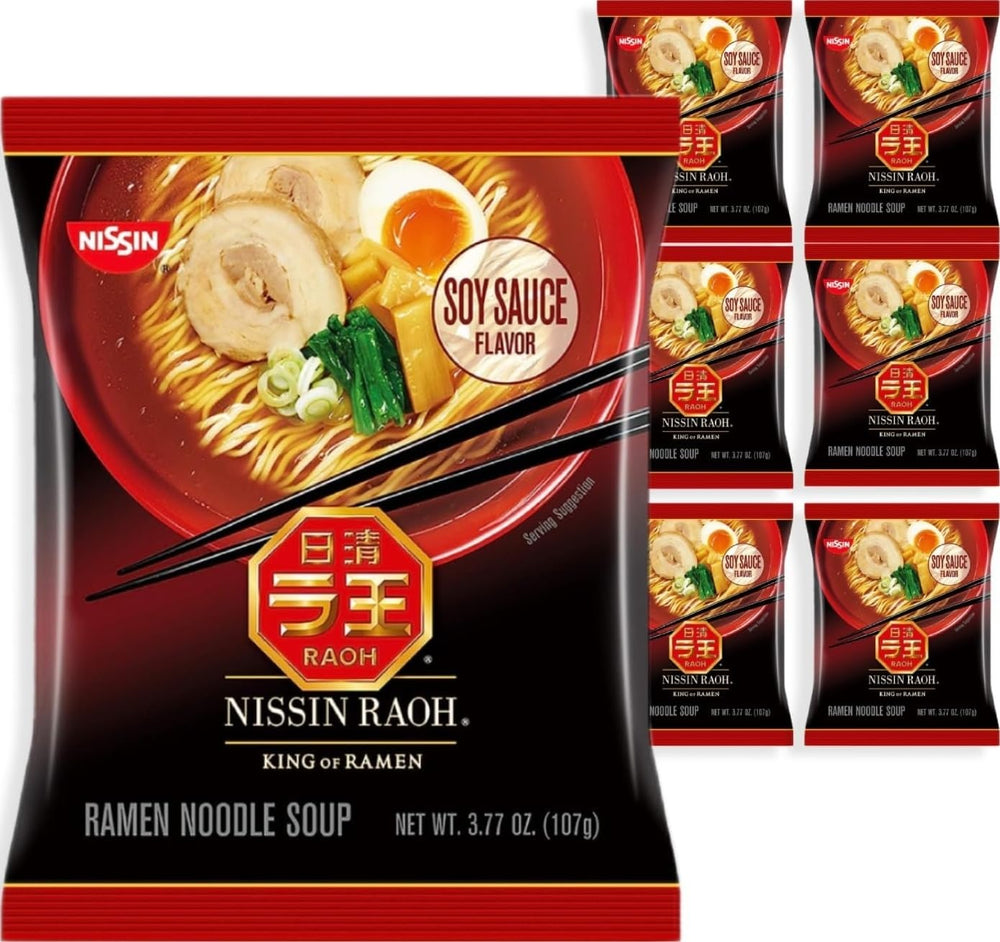 NISSIN RAOH frente del empaque mostrando pack de seis y beneficio de conveniencia