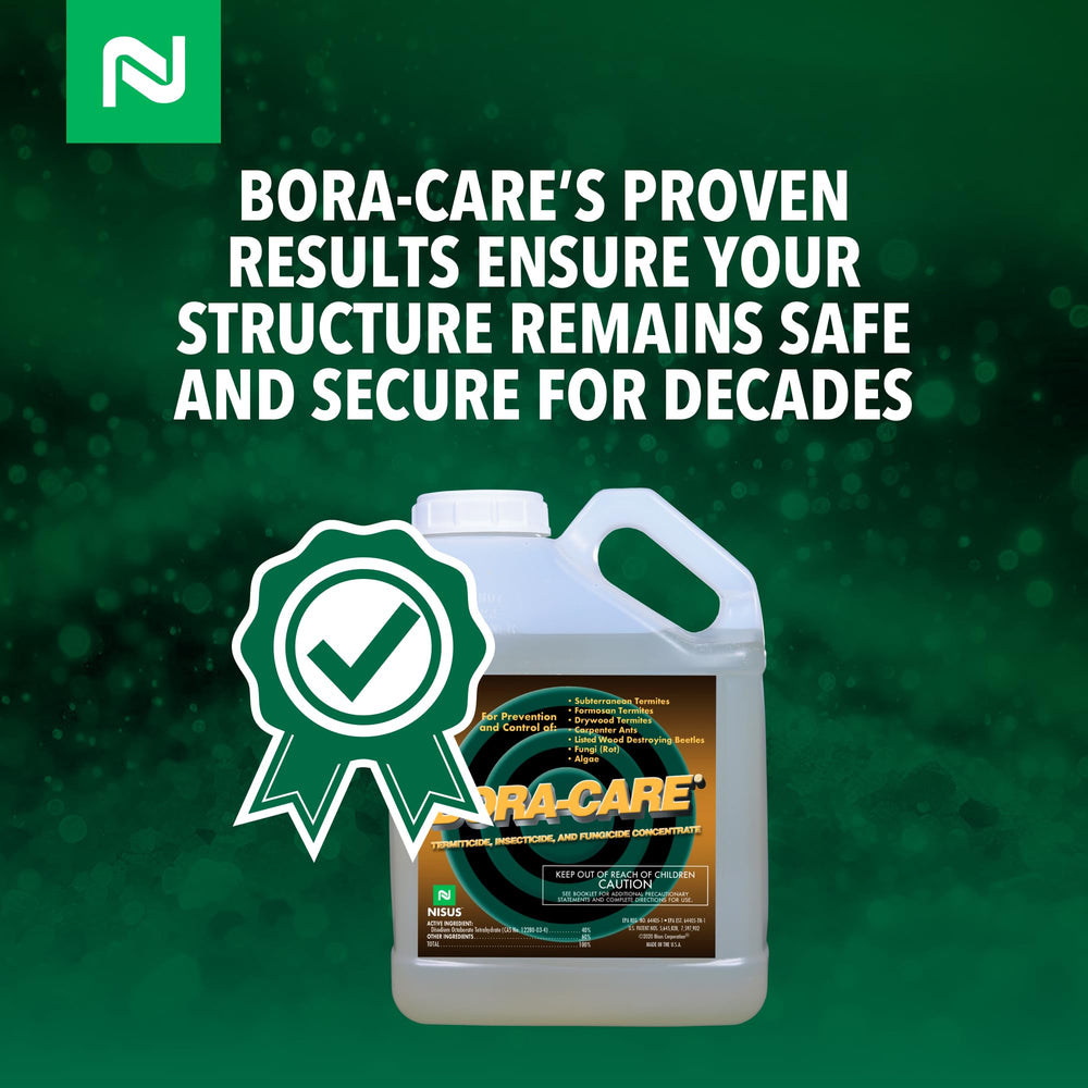 Nisus Bora-Care galón junto a una regla para mostrar escala y rendimiento por galón