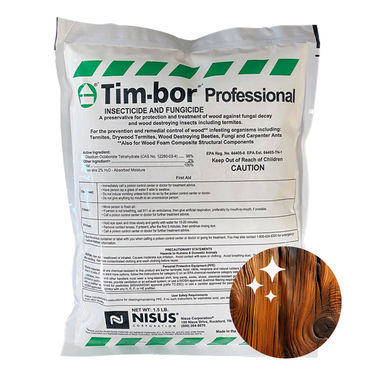 Nisus Tim-BOR envase frontal mostrando etiqueta y peso, protección clara