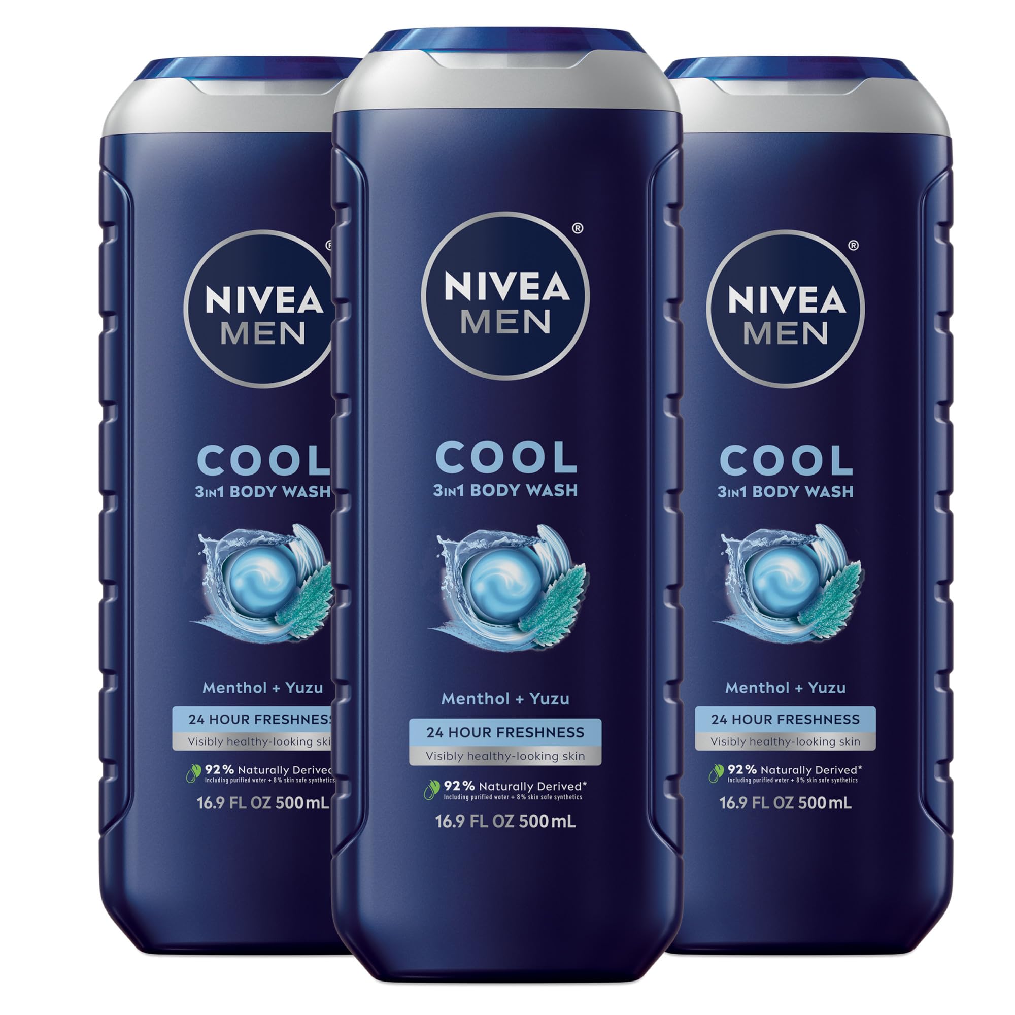 NIVEA MEN imagen frontal del pack tres botellas, presentación y tamaño práctico