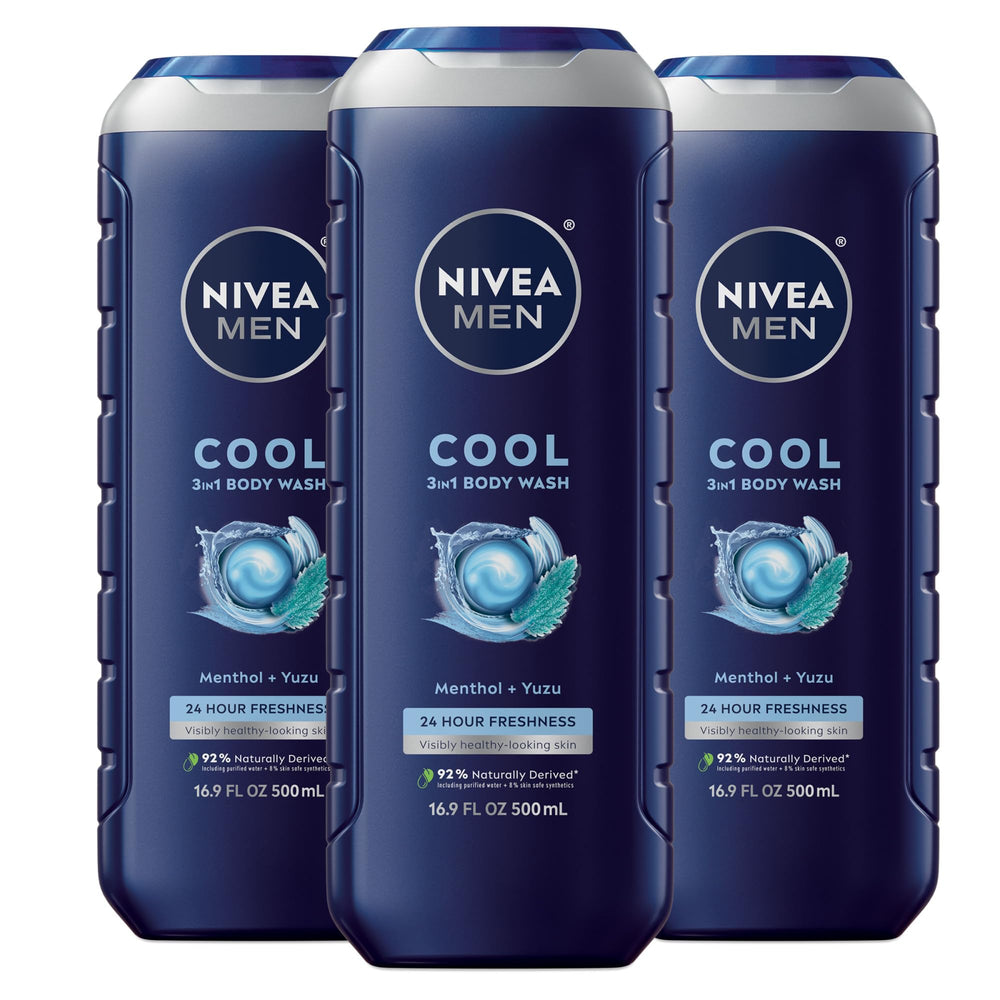 NIVEA MEN imagen frontal del pack tres botellas, presentación y tamaño práctico