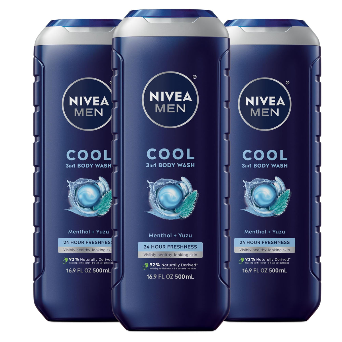 NIVEA MEN imagen frontal del pack tres botellas, presentación y tamaño práctico