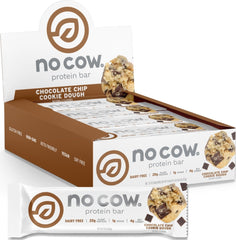 No Cow empaque frontal Chocolate Chip Cookie Dough mostrando caja y barras