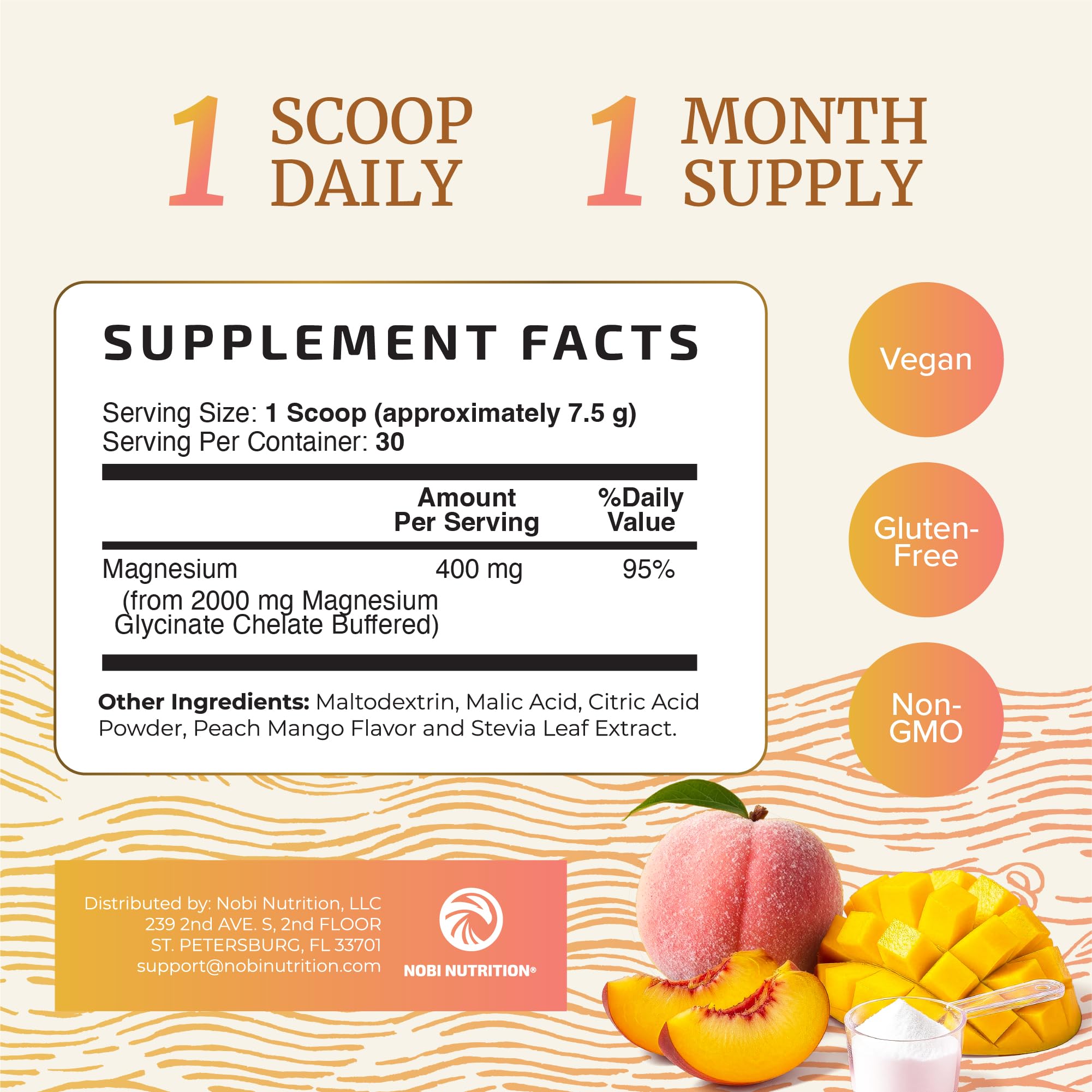 Nobi Nutrition producto con frutas durazno y mango sugiriendo sabor
