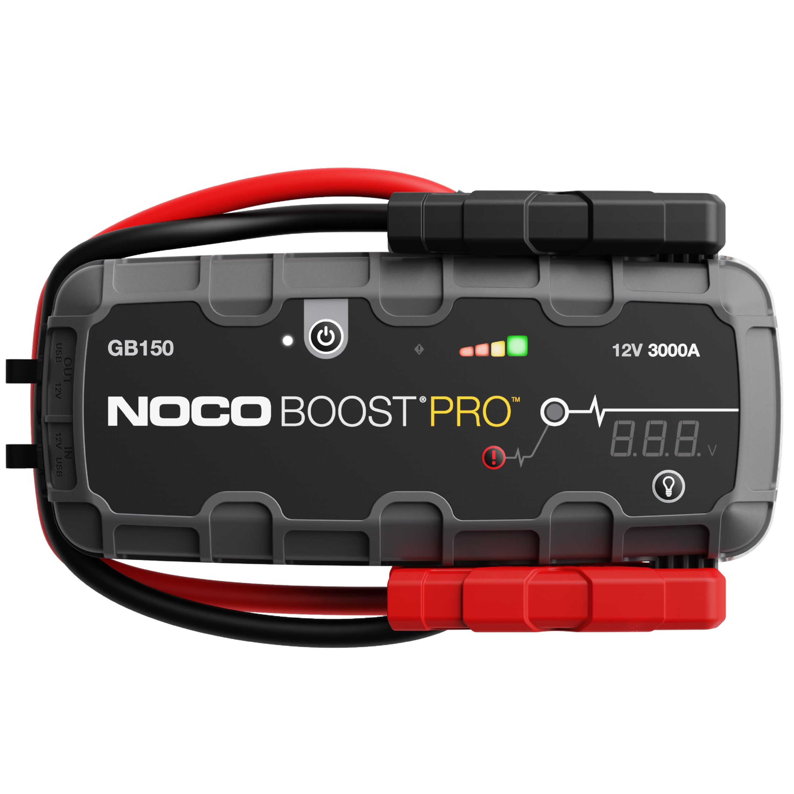 NOCO Boost GB150 frontal mostrando controles y robustez