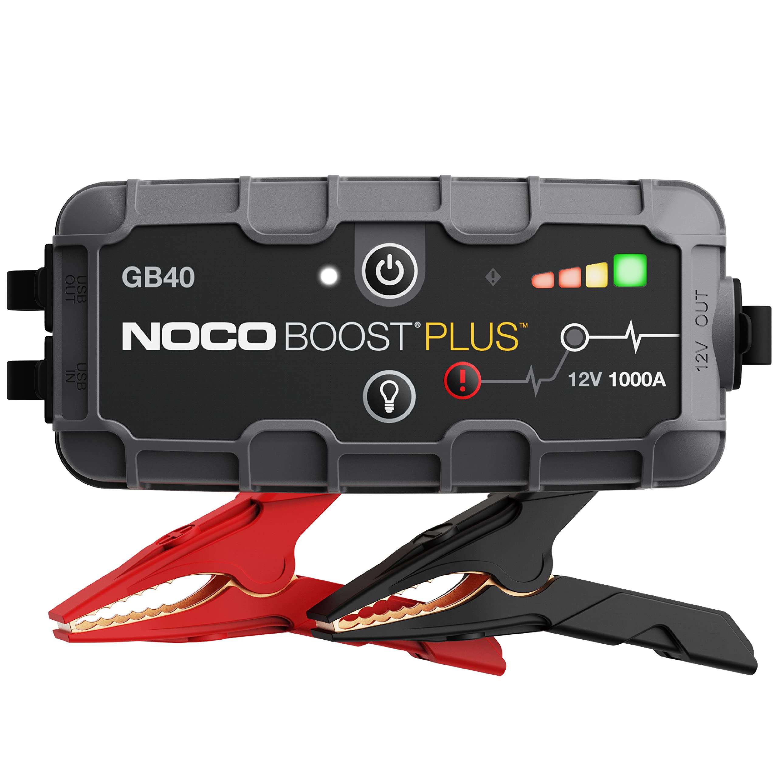 NOCO GB40 vista frontal mostrando controles y puerto, facilita arranques seguros