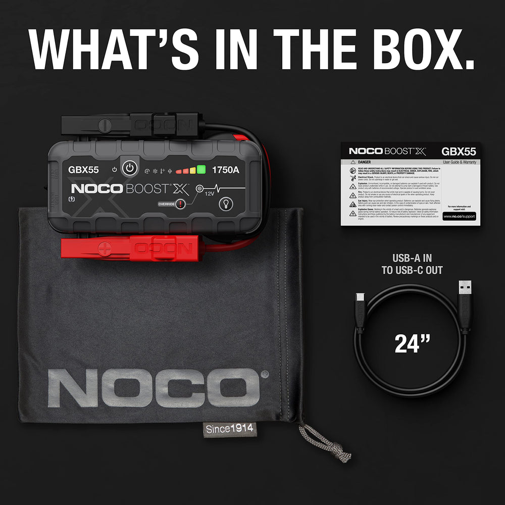 NOCO GBX55 accesorios: bolsa de microfibra y cable USB‑C listos para viaje