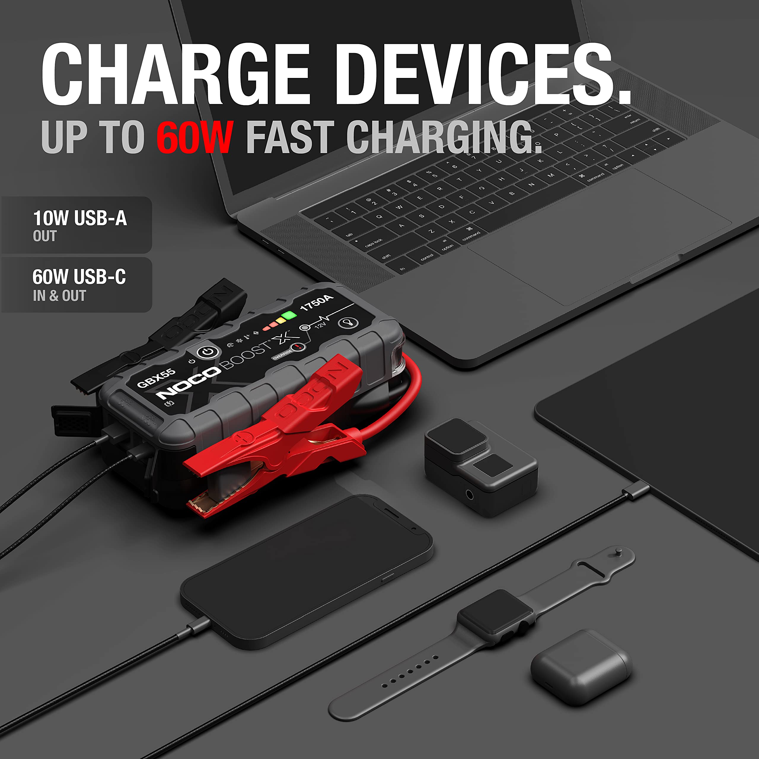 NOCO GBX55 en uso arrancando un coche, demostrando potencia inmediata