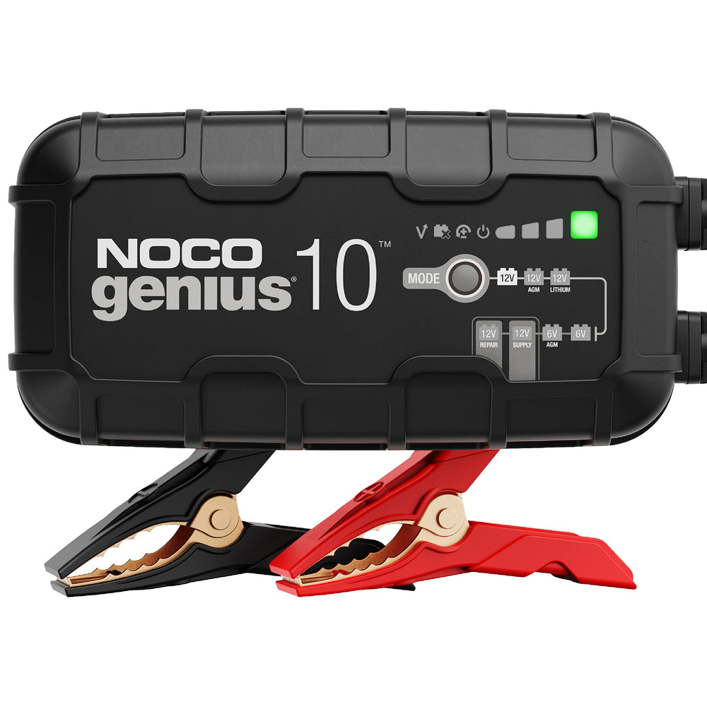 NOCO GENIUS10 vista frontal con carcasa compacta y controles, muestra confiabilidad