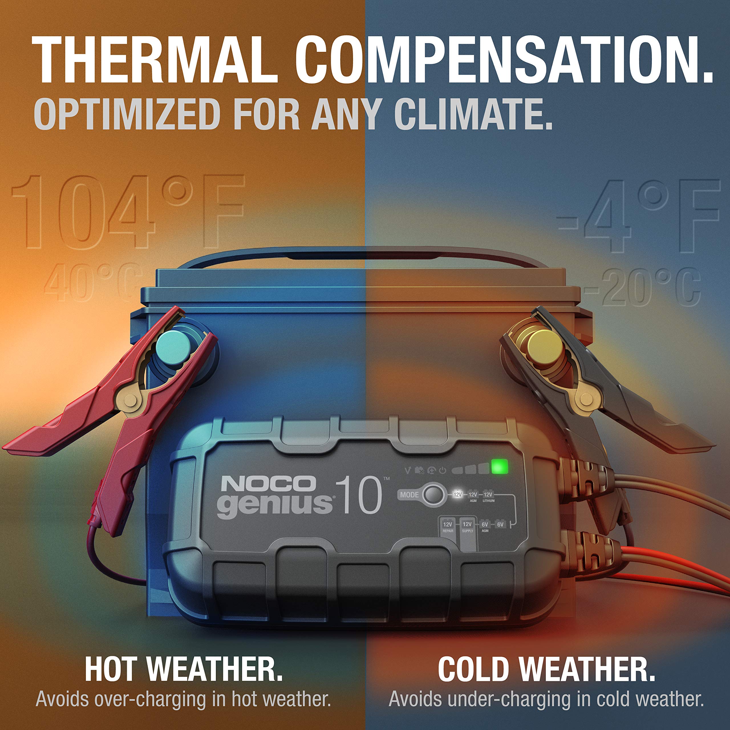 NOCO GENIUS10 sensor térmico en primer plano, optimiza carga según temperatura
