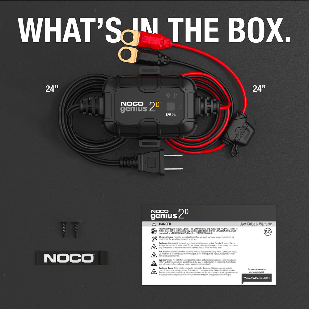 NOCO GENIUS2D contenido de la caja con cables y bracket, listo para montar