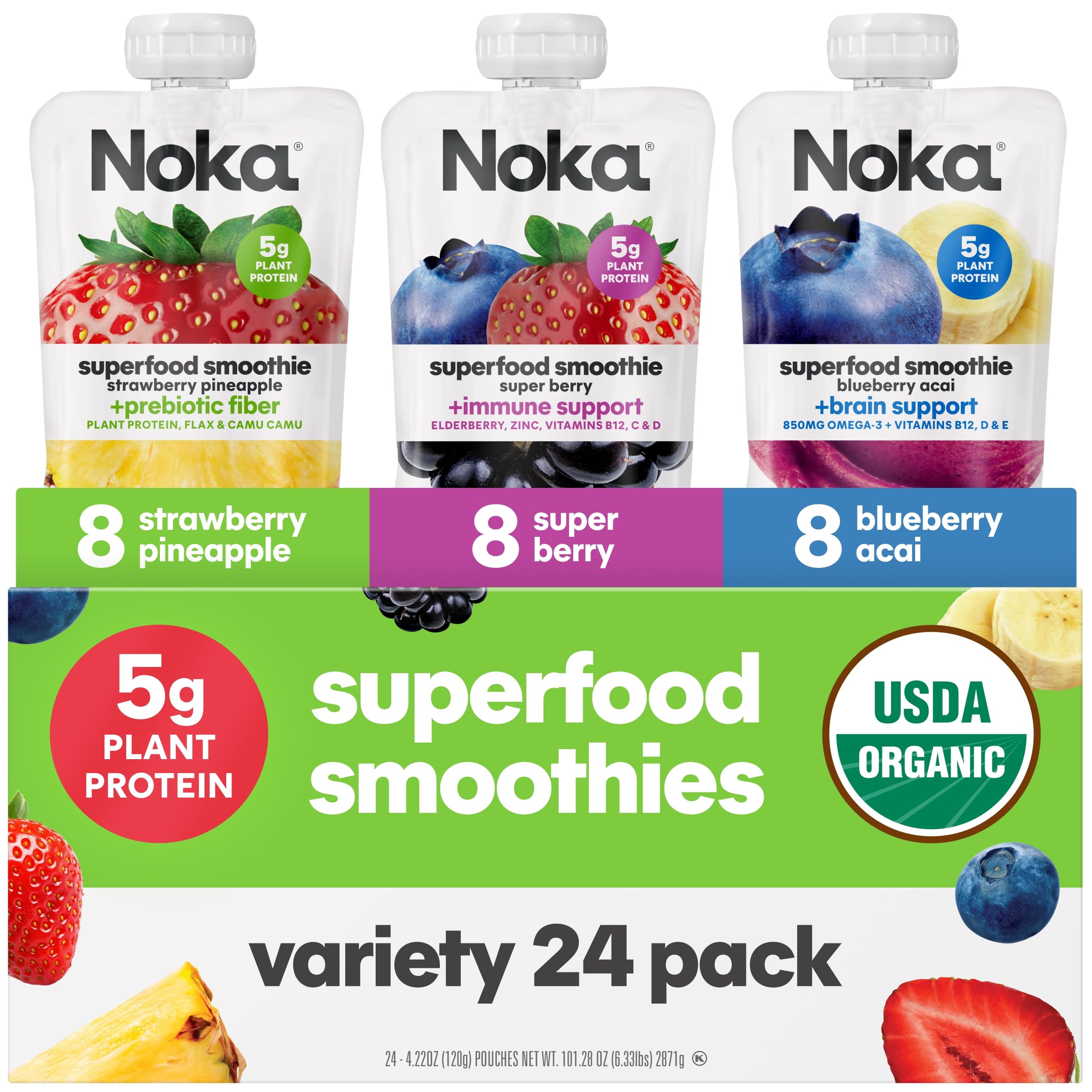 NOKA frente del paquete 24pk mostrando variedad de sabores y beneficios