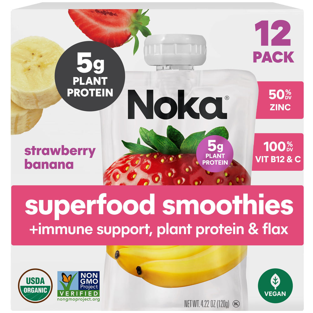 NOKA empaque frontal fresa plátano mostrando sabor y pack de 12