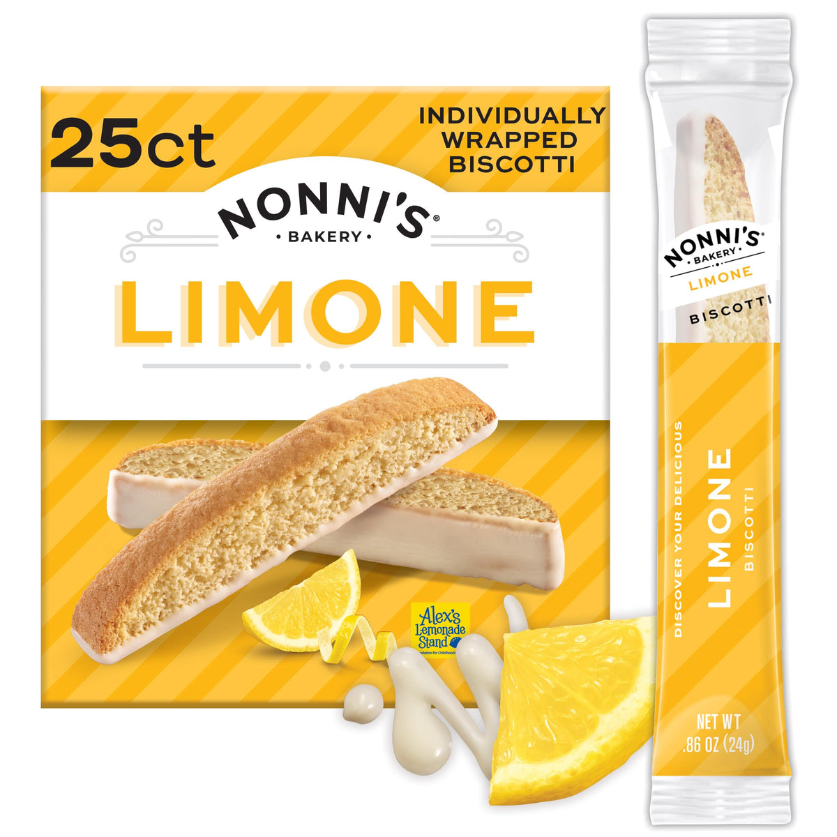 Nonni's paquete frontal mostrando 25 biscotti, conveniencia para snacks