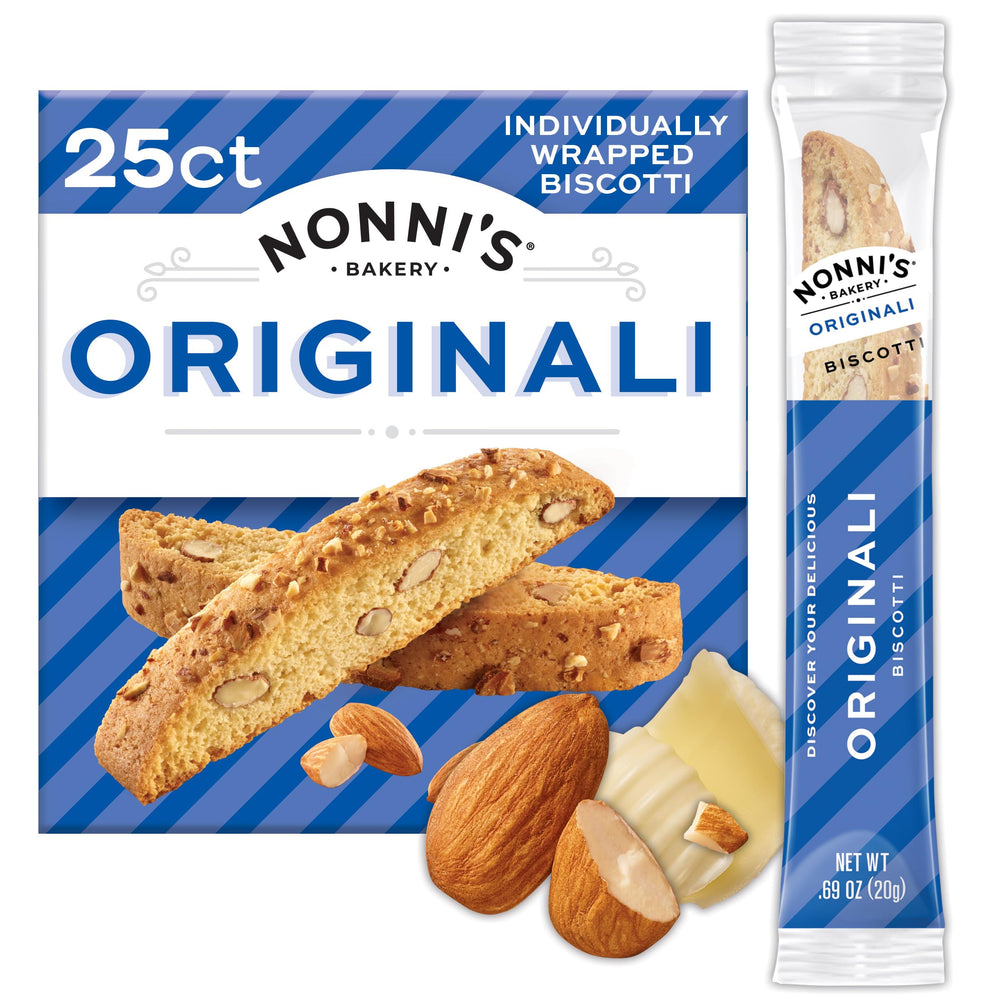 Nonni's caja frontal mostrando 25 biscotti y atractivo de regalo