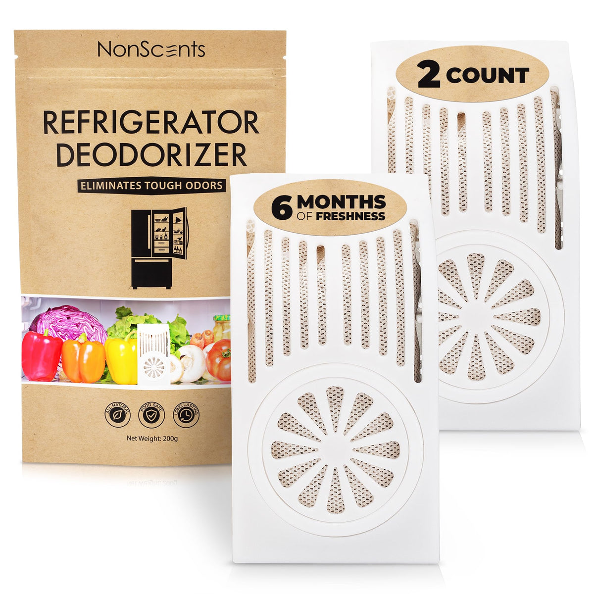 NonScents paquete frontal mostrando diseño compacto y beneficio neutralizador de olores